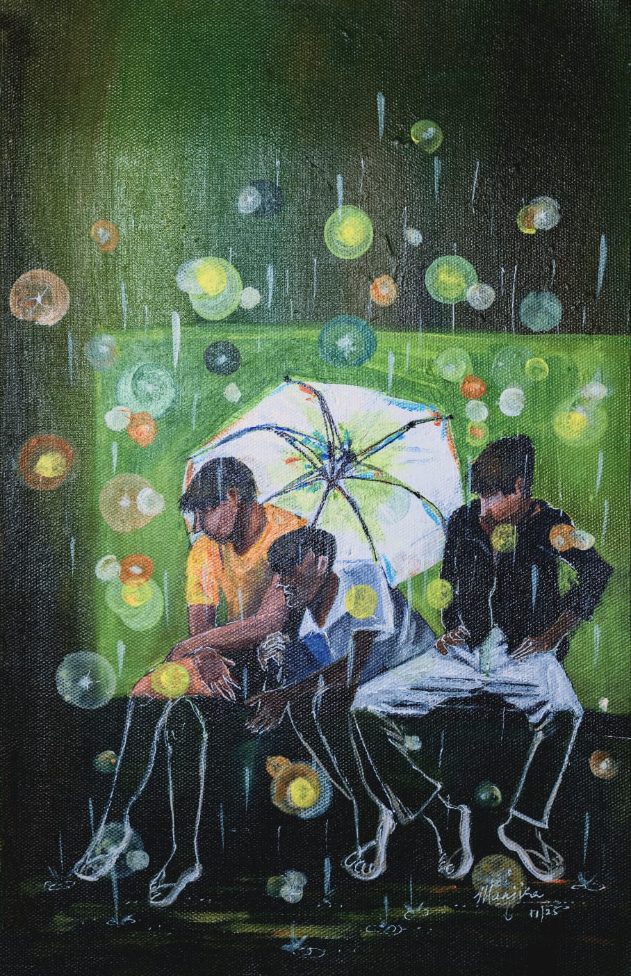 Three boys sitting together in the rain under a white umbrella.